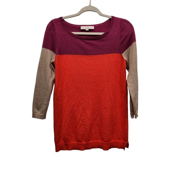 Loft Lightweight Wool Blend Colorblocked 3/4 Sleeve Crew Neck Sweater, S - Picture 1 of 6